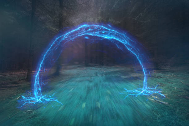 Blue portal in the foggy forest, magical evening stock photo