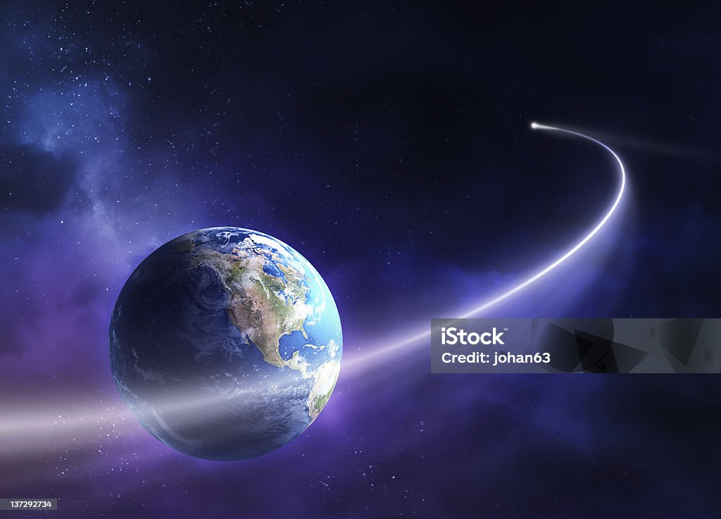 Comet moving past planet earth Comet passing in front of planet earth (3D uv map from http://visibleearth.nasa.gov) Comet Stock Photo