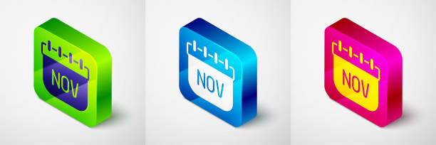 ilustrações de stock, clip art, desenhos animados e ícones de isometric november calendar autumn icon isolated on grey background. square button. vector - november calendar pink event