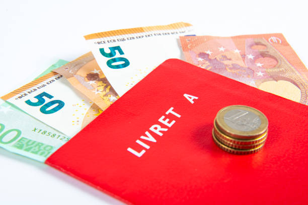French savings account, with euro bills and coins. Savings and finance concept.