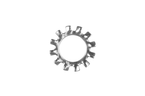 Metal washer isolated on white background. Macro shot lock-nut isolated. Chromed screw nut isolated