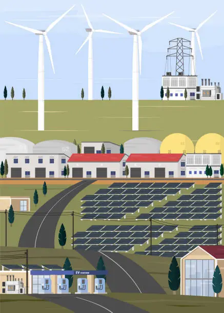 Vector illustration of ev station and electric city supply form power plant with renewable energy