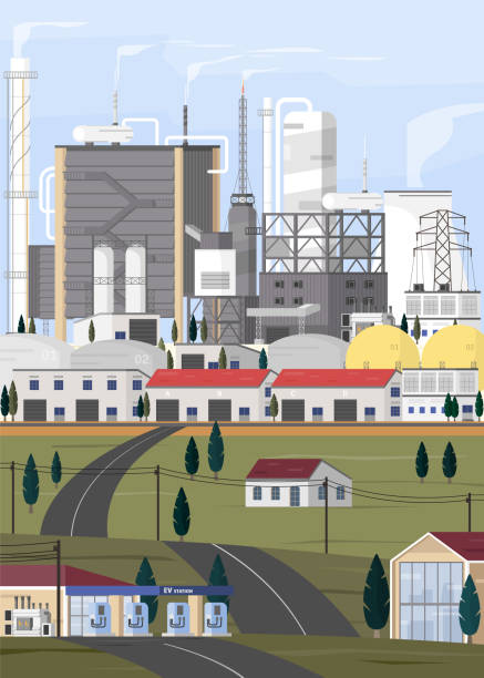 ilustrações de stock, clip art, desenhos animados e ícones de ev station and electric city supply form power plant with fossil energy - fossil fuel fuel and power generation refueling car