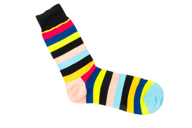 istock One sock with different lines isolated on white background. Colorful sock son white background. Colored socks on the leg isolated on white background 1372931551