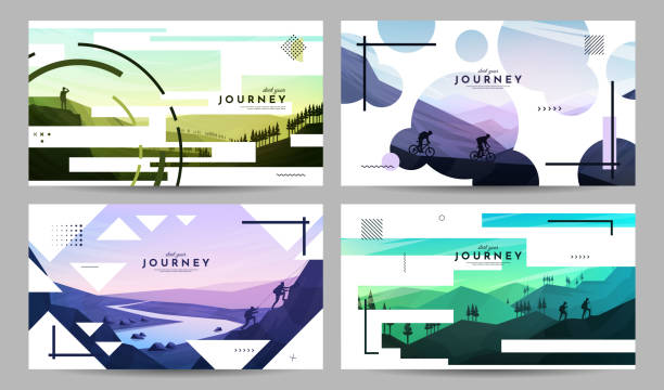 ilustrações de stock, clip art, desenhos animados e ícones de vector backgrounds set. travel concept of discovering, exploring and observing nature. hiking, biking. adventure tourism. flat design for website banner, social media. geometric linear shape overlay - mountain peak illustrations