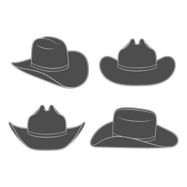 illustrations, cliparts, dessins animés et icônes de ensemble d’illustrations en noir et blanc avec chapeau de cow-boy. objets vectoriels isolés. - cowboy hat personal accessory equipment headdress