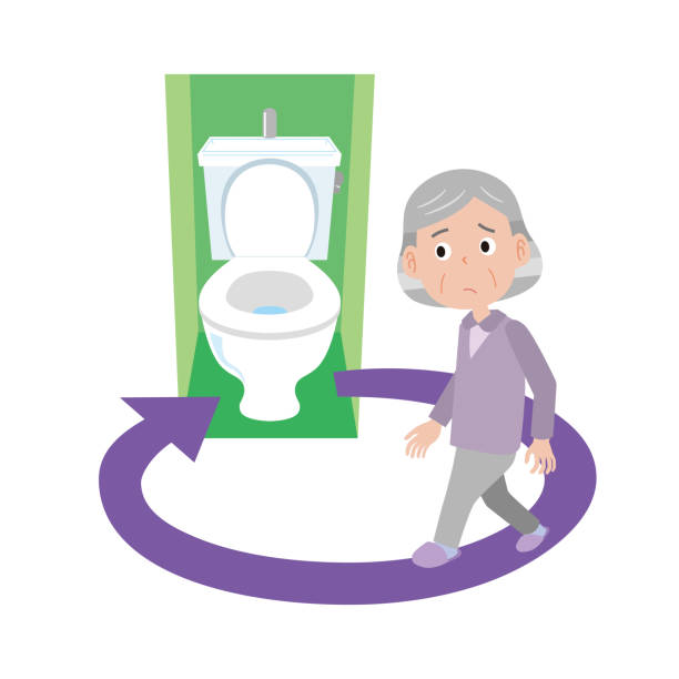 Elderly woman with frequent urination who goes to the bathroom many times Elderly woman with frequent urination who goes to the bathroom many times Frequent Urination stock illustrations