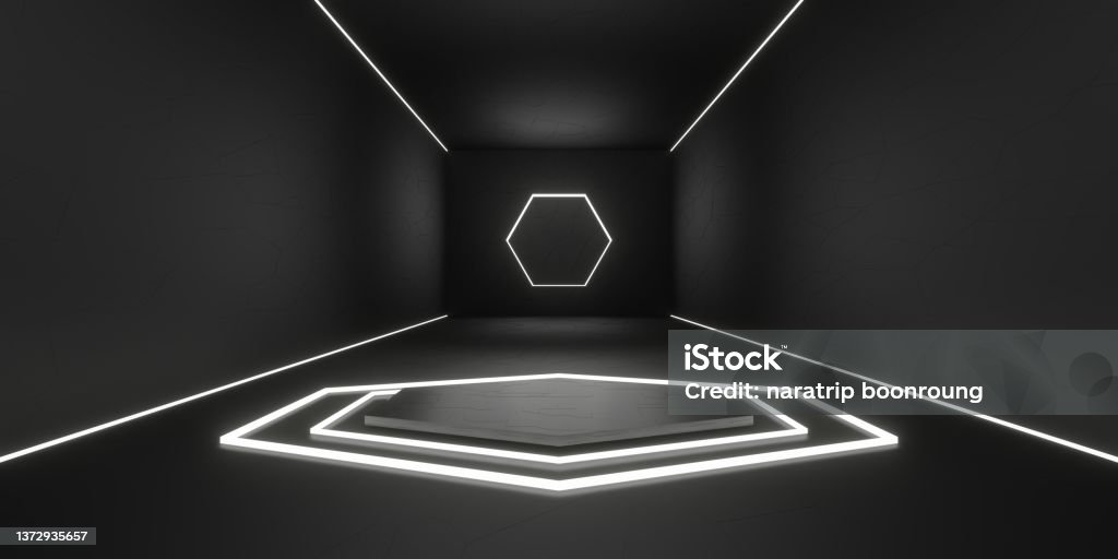 Technology floor and wall The background of the product base in the room with hexagon laser light 3D illustration Backgrounds Stock Photo
