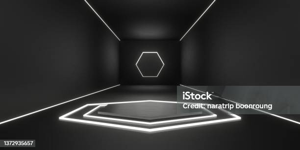 Technology Floor And Wall The Background Of The Product Base In The Room With Hexagon Laser Light 3d Illustration Stock Photo - Download Image Now