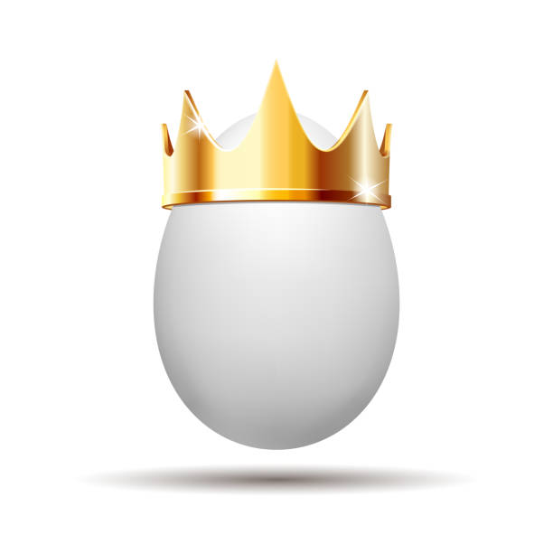 istock White Realistic egg with golden crown for design flyer, corporate template, brochure. 1372938020