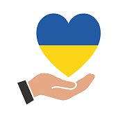 Eine Hand hält ein Herz in den Farben der Flagge der Ukraine. Das Konzept des Friedens in der Ukraine. Liebe zu Land und Nation. Vektorillustration isoliert auf weißem Hintergrund für Design und Web.
