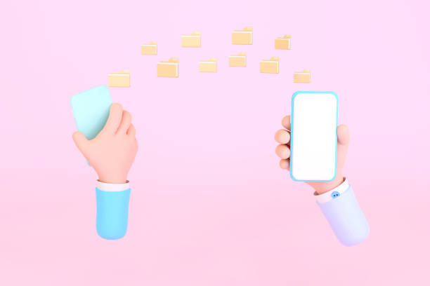 istock Cartoon hand holding smart phone with sharing files,digital technology 1372938691