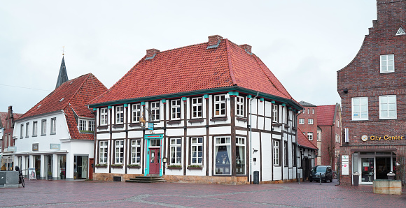 Lingen, Lower Saxony, Germany - Feb 8 2022 - An old half-timbered building in the historical city center of Lingen. It's called 'Alte Posthalterei'. This was a building were in the past horses for post carriages were changed. These were often inns too.