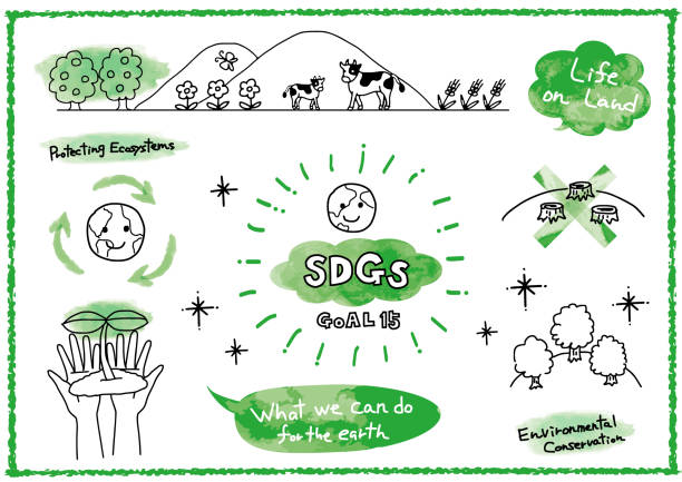 bildbanksillustrationer, clip art samt tecknat material och ikoner med sustainable development goals goal15 image hand drawn set - hållbarhetsmål illustrationer