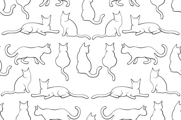 repeating pattern with cats Seamless, repeating pattern with cats. Kittens flat shapes illustrations. Black and white pussy cats in different position seamless pattern. kitten wallpaper stock illustrations
