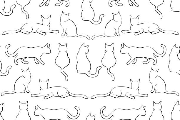 repeating pattern with cats Seamless, repeating pattern with cats. Kittens flat shapes illustrations. Black and white pussy cats in different position seamless pattern. undomesticated cat stock illustrations