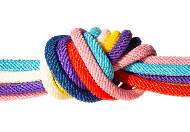 Photo of Batch of colored cords knotted together isolated