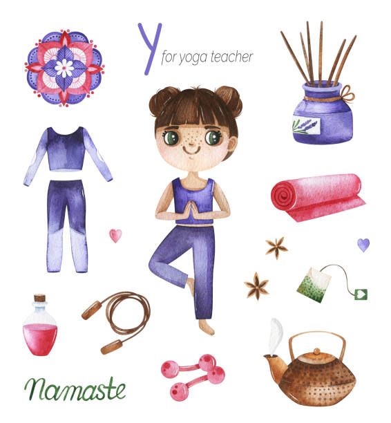 stockillustraties, clipart, cartoons en iconen met watercolor alphabet profession set.learn letters with funny professions. - girls gym