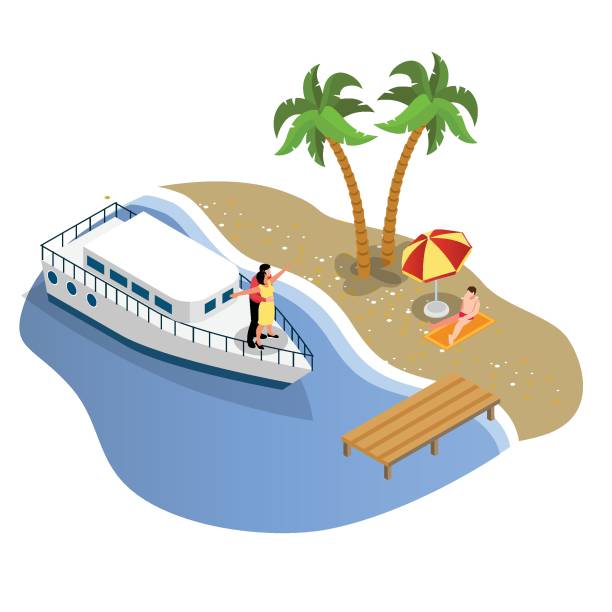 ilustraciones, imágenes clip art, dibujos animados e iconos de stock de pareja romántica en barco isométrica 3d - isometric sea coastline beach