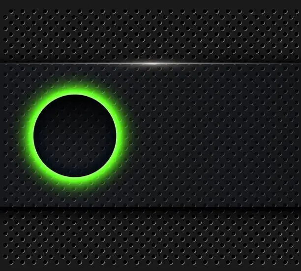 Vector illustration of Black background with glowing green button, dark grey banner on perforated dotted pattern