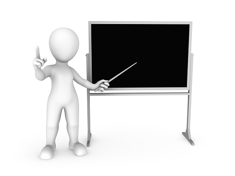 Teacher at the blackboard. 3d white man isolated on white background.