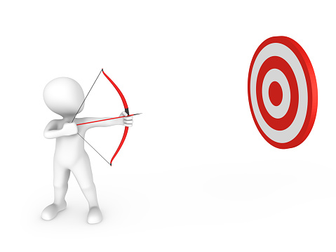 3d white man with a bow and arrow aims at a target. Moving towards Success.
