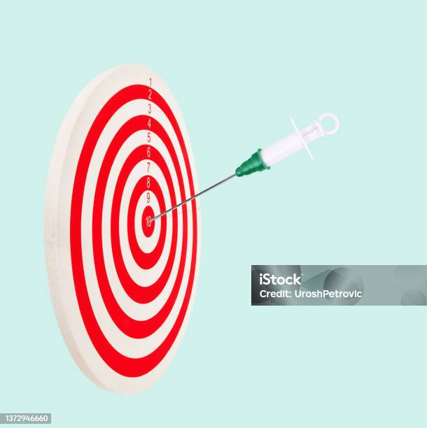 Target With Vaccine Syringe Hit In Center Bullseye Medical Prevention Goal Concept Success With Vaccination Immunization Idea Stock Photo - Download Image Now