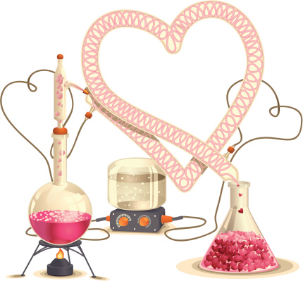 Vector drawing of a chemistry distillation set with the condenser shaped like a heart. 