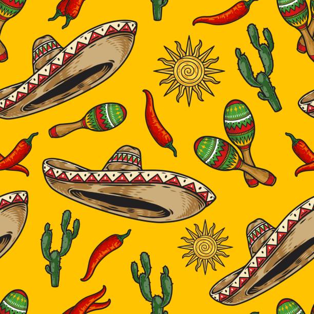 красочная мексиканская шляпа бесшовный узор - mexican culture cinco de mayo backgrounds sombrero stock illustrations