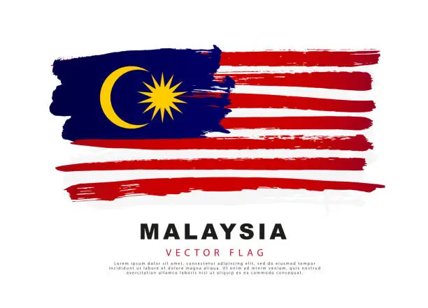 Vector illustration of Flag of Malaysia. Blue, red and white hand-drawn brush strokes. Vector illustration isolated on white background.