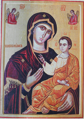 Thessaloniki, Greece - February , 26 , 2022 :  Icon of Madonna Mother of God (Mary) and child (Jesus Christ)