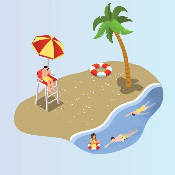 Vector illustration of Lifeguard watching people swimming at beach 3D isometric