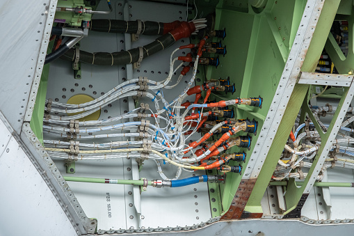 Electrical wiring system of an  aircraft or an engine during maintenance.