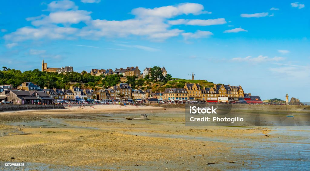 Stunning view of Cancale during low tide, picturesque fishing village on atlantic coast famous for the oyster farming, Brittany, France Cancale Stock Photo