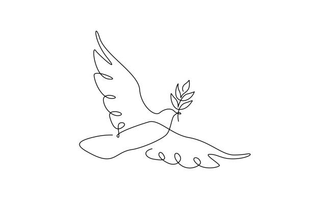 illustrazioni stock, clip art, cartoni animati e icone di tendenza di colomba della pace con ramo d'ulivo in un disegno a linee continue. uccello e ramoscello simbolo di pace e libertà in uno stile lineare semplice. icona del piccione. doodle illustrazione vettoriale - segno di pace