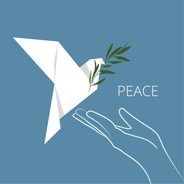 オリーブの枝を持つ平和の白い鳩は、あなたの手のひらに飛びます。平和の象徴。折り紙。 - silence点のイラスト素材／クリップアート素材／マンガ素材／アイコン素材
