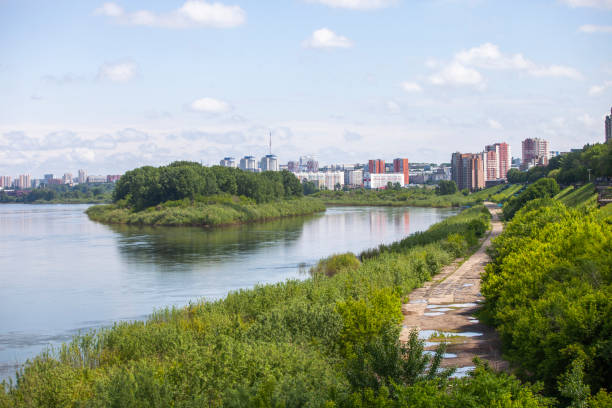 Panorama of the city of Kemerovo. Tom river, Russia stock photo