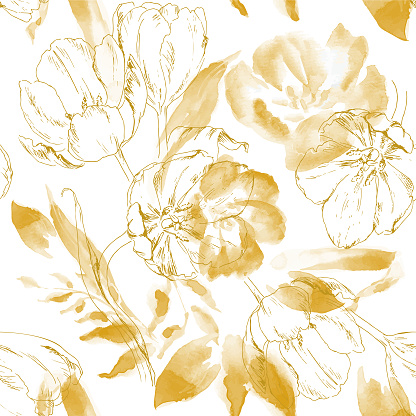 Hand drawn seamless pattern with a combination of watercolor painting and pencil drawing of tulips.