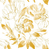 istock Seamless gold pattern with tulips and leaves. Vector 1372967650