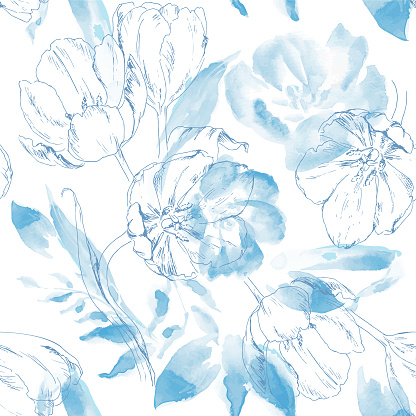 Hand drawn seamless pattern with a combination of watercolor painting and pencil drawing of tulips on white background.