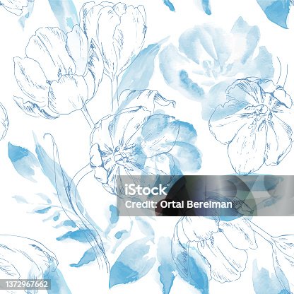 istock Seamless pattern with tulips and leaves. Vector 1372967662
