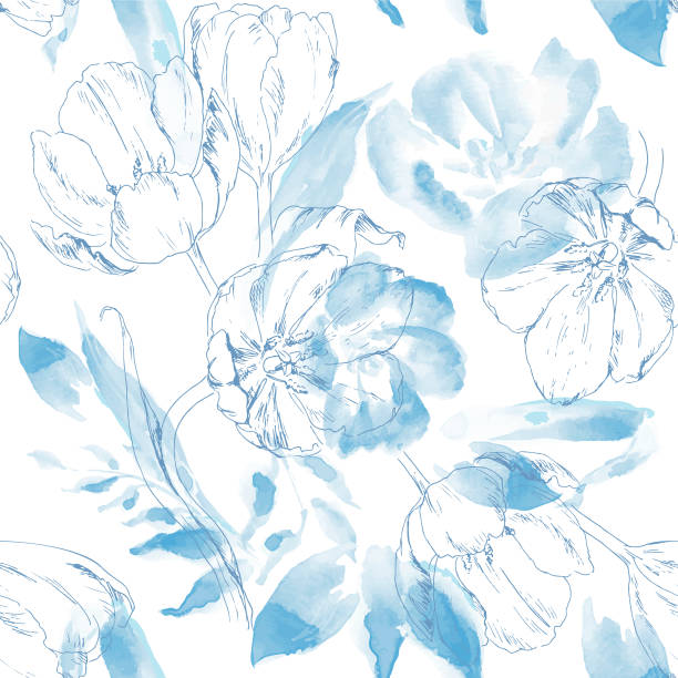 Seamless pattern with tulips and leaves. Vector Hand drawn seamless pattern with a combination of watercolor painting and pencil drawing of tulips on white background. floral pattern stock illustrations
