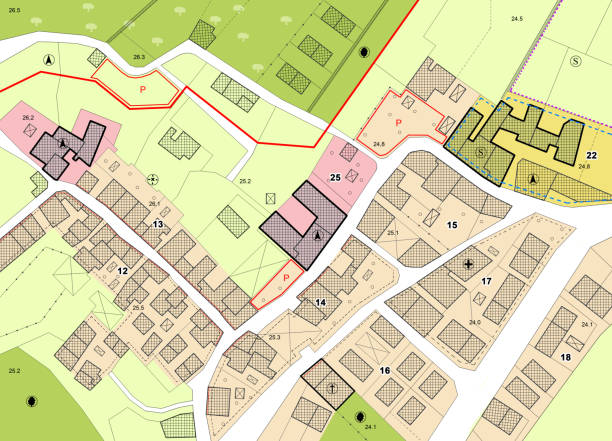 Imaginary General Urban Plan with indications of urban destinations with buildings, roads, buildable areas and land plot - note: the map is totally invented and does not represent any real place Imaginary General Urban Plan with indications of urban destinations with buildings, roads, buildable areas and land plot - note: the map is totally invented and does not represent any real place land stock illustrations