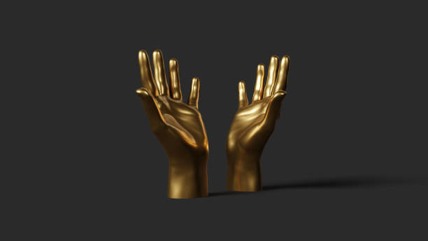 istock Golden hands gesture, shiny, metallic. Isolated on black background. 3d rendering . 1372971569