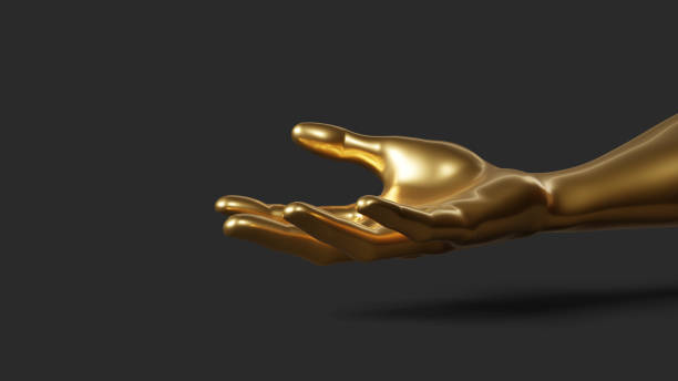 istock Golden hands gesture, shiny, metallic. Isolated on black background. 3d rendering . 1372971574