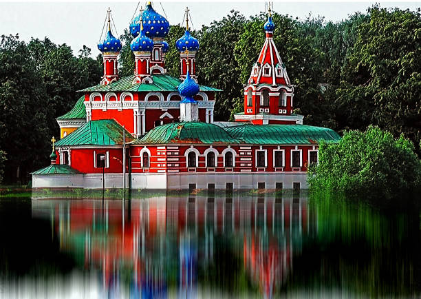 Tashkent, Uzbekistan: bell tower of the Assumption of the Virgin / Dormition of the Mother of God Russian Orthodox Cathedral, originally dedicated to St. Panteleimon - blue tower on blue sky - Avliyota Street.
