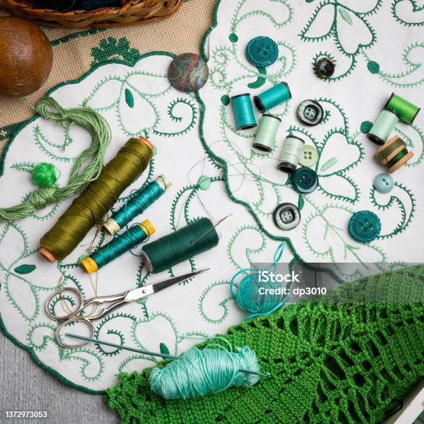 Sewing And Embroidery Supplies On A Table Stock Photo - Download Image Now - Embroidery, Thread - Sewing Item, Art