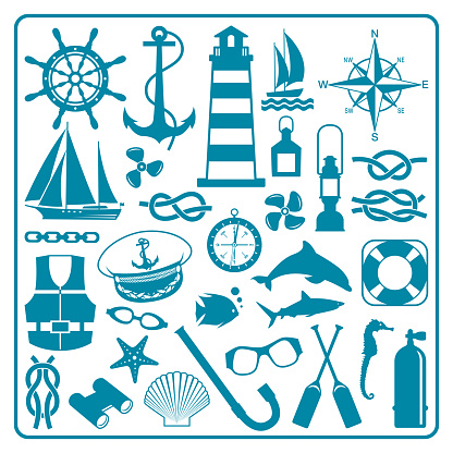 vector, nautical symbols silhouettes, illustration, marine symbols