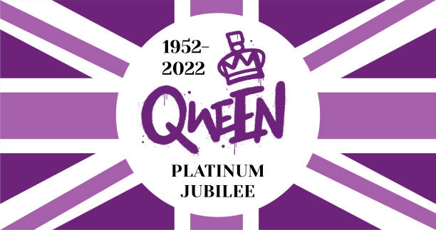poster von "queen. platinum jubilee 1952-2022" mit britischer flagge. bereite grußkarte für die feier eines platin-jubiläums nach 70 jahren dienst der königin. vektorillustration. street graffiti stil. - königin stock-grafiken, -clipart, -cartoons und -symbole