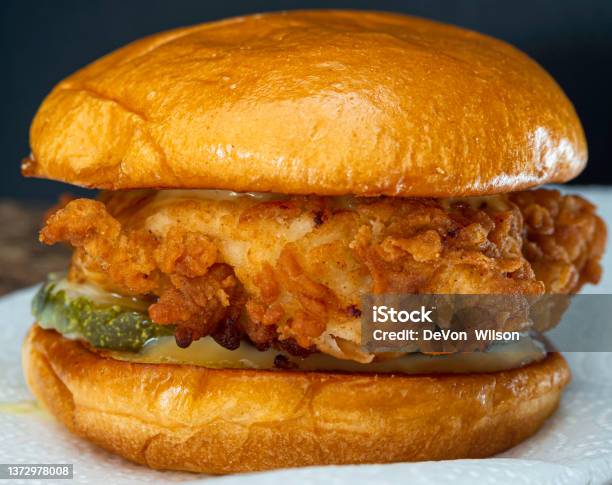 Fried Chicken Sandwich Close Up Stock Photo - Download Image Now - Chicken Meat, Sandwich, Crunchy